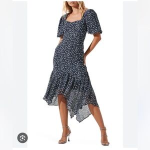 ASTR the Label Floral Asymmetrical Hem Dress in Navy Multi Floral